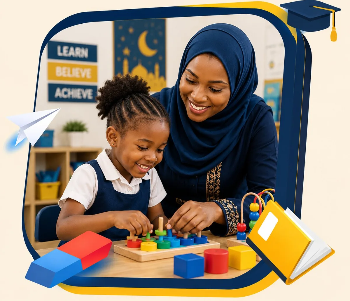 An early-years teacher helping a young pupil with learning blocks